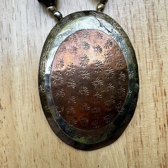 Vintage Brass Copper‎ Silver Tone Avant Garde Bib Necklace Pressed Etched 24" - Picture 10 of 11